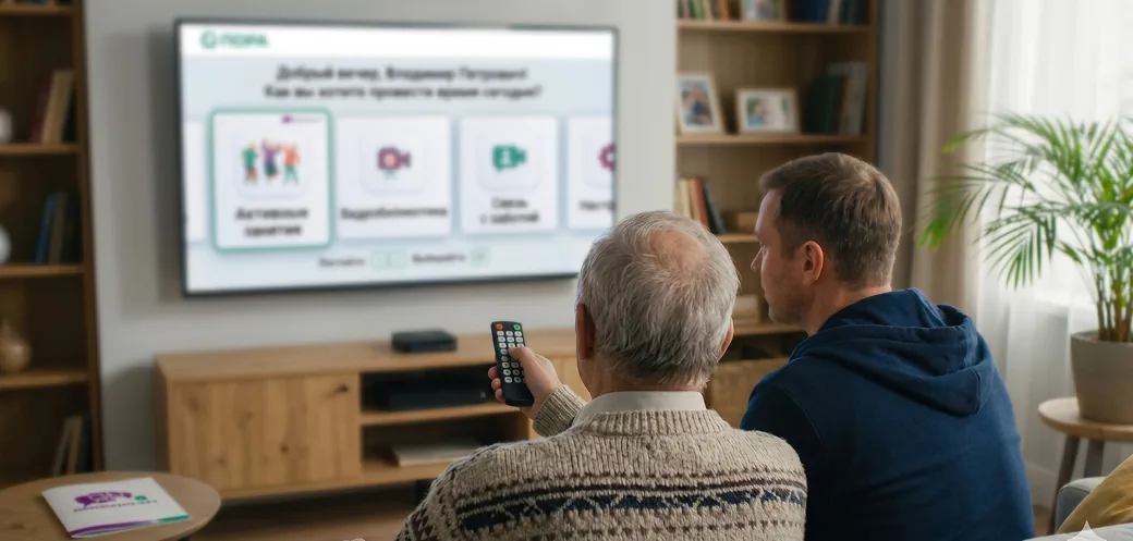 Семья смотрит Smart TV с интерфейсом Опоры